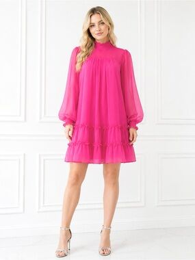 CeCe Chiffon Dress Smocked Mock-Neck Ruffle Hem Long Sleeve Back Zipper Lined